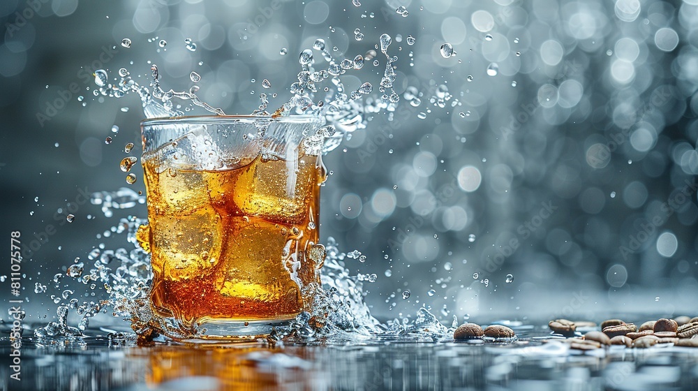 A glass of iced tea with a splash of water on top and coffee beans in the background A glass of iced tea with a splash of water on top and coffee beans in the background