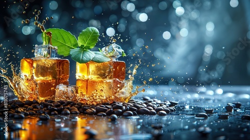   Two iced tea glasses with green leaves on top of coffee beans photo