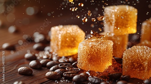   A mound of sugar cubes atop a mound of coffee grounds with adjacent mounds of sugar cubes photo
