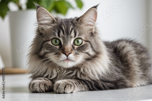 Funny large longhair gray kitten with beautiful big green eyes lying on white table. Lovely fluffy cat licking lips. Free space for text.