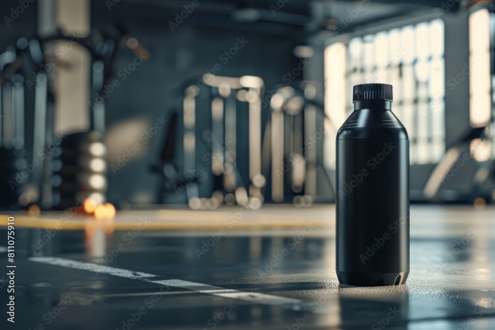 Black Sports Nutrition Bottle on Gym Floor with Equipment Background Black Sports Nutrition Bottle on Gym Floor with Equipment Background