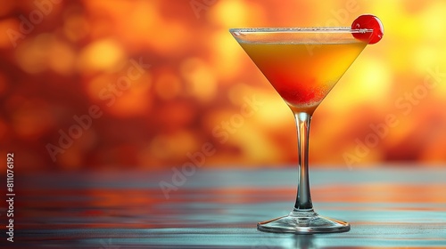  A macro shot of a drink in a glass with a cherry on top, set against a soft bokeh backdrop