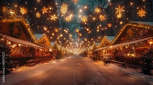 A beautiful European Christmas market with wooden stalls decorated with lights and garlands photo