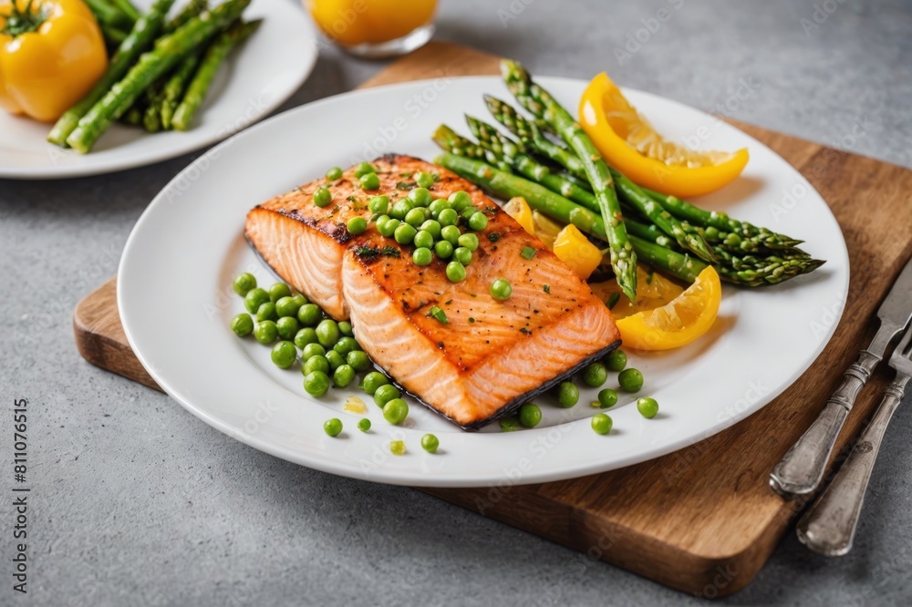 grilled salmon with asparagus, pea, yellow peppers, carrots and spring onions on white plate grilled salmon with asparagus, pea, yellow peppers, carrots and spring onions on white plate