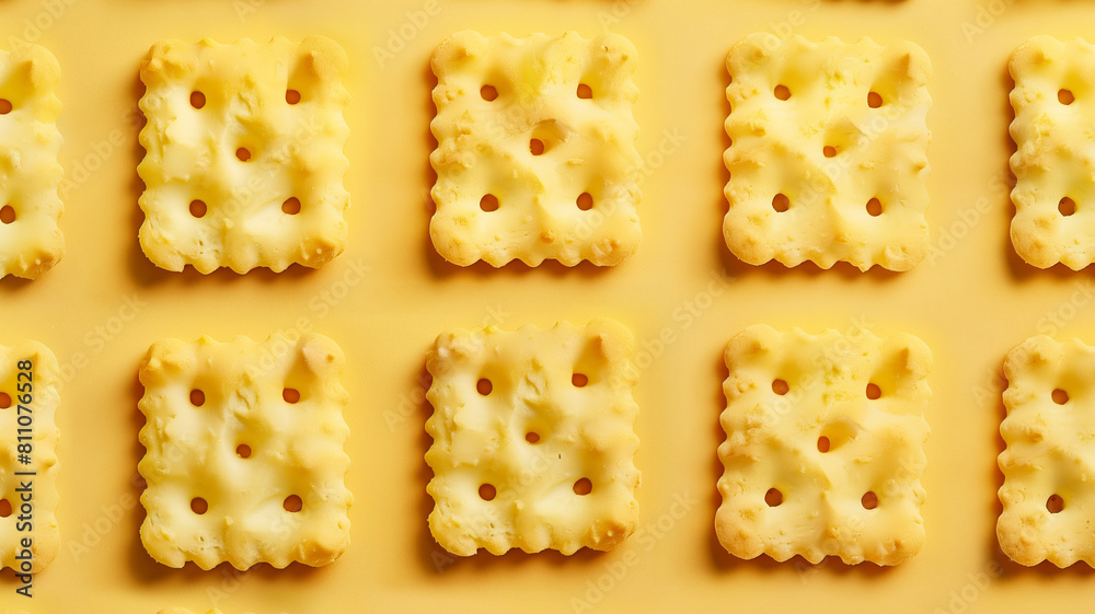 Pattern of yellow crackers. Top view of biscuits arranged in rows on a yellow background, creating a uniform and repetitive pattern that emphasizes texture and form. AI generative.. Pattern of yellow crackers. Top view of biscuits arranged in rows on a yellow background, creating a uniform and repetitive pattern that emphasizes texture and form. AI generative..