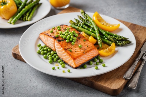grilled salmon with asparagus, pea, yellow peppers, carrots and spring onions on white plate