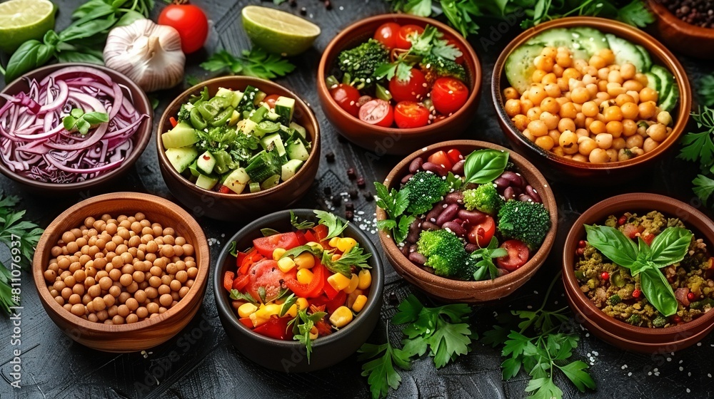 Table with bowls of diverse vegetables arranged side by side Table with bowls of diverse vegetables arranged side by side