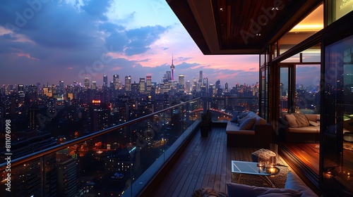 The view from the balcony of this luxury penthouse is breathtaking. The city lights twinkle below  and the skyline is a stunning sight.