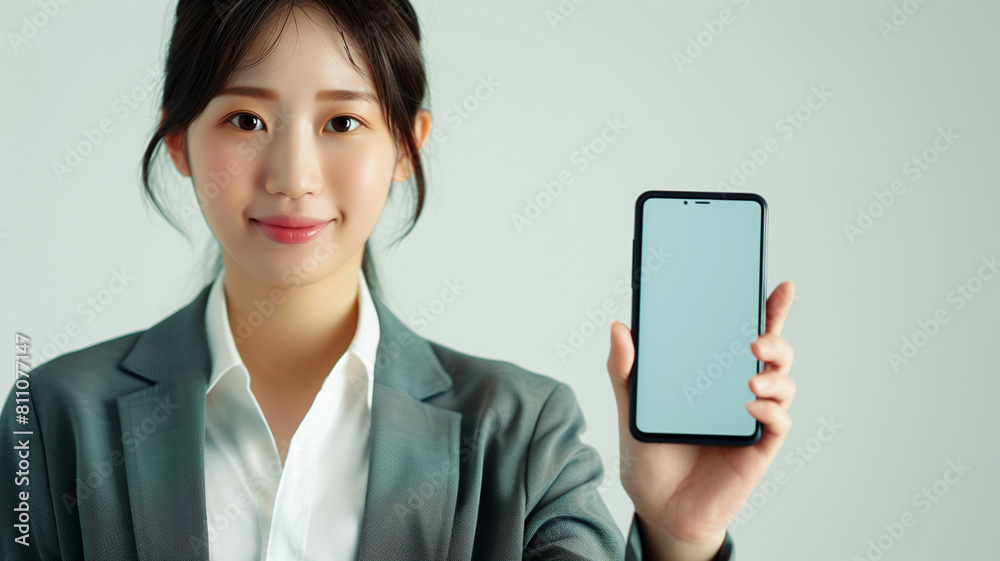 Businesswoman with smartphone. Confident young professional displays her phone, dressed in a corporate blazer and smiling gently AI generative.. Businesswoman with smartphone. Confident young professional displays her phone, dressed in a corporate blazer and smiling gently AI generative..