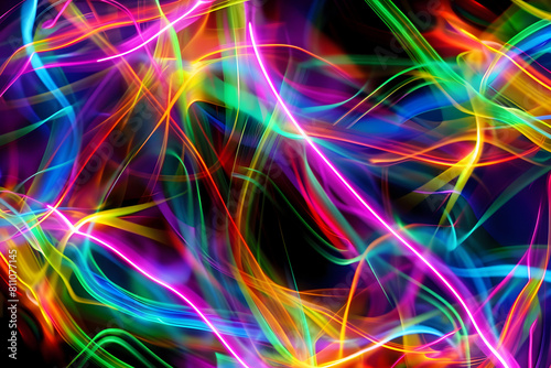 Bold neon pattern of vibrant colors creating an electrifying visual display. A captivating artwork on black background.