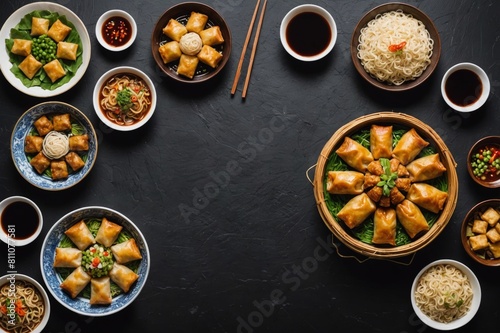 Chinese food dark background. Chinese noodles, fried rice, dumplings, peking duck, dim sum, spring rolls. Famous Chinese cuisine dishes set. Space for text. Top view. Chinese restaurant concept
