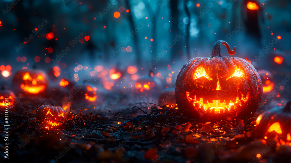 Halloween Night Scene with Pumpkins and Haunted Mansion
