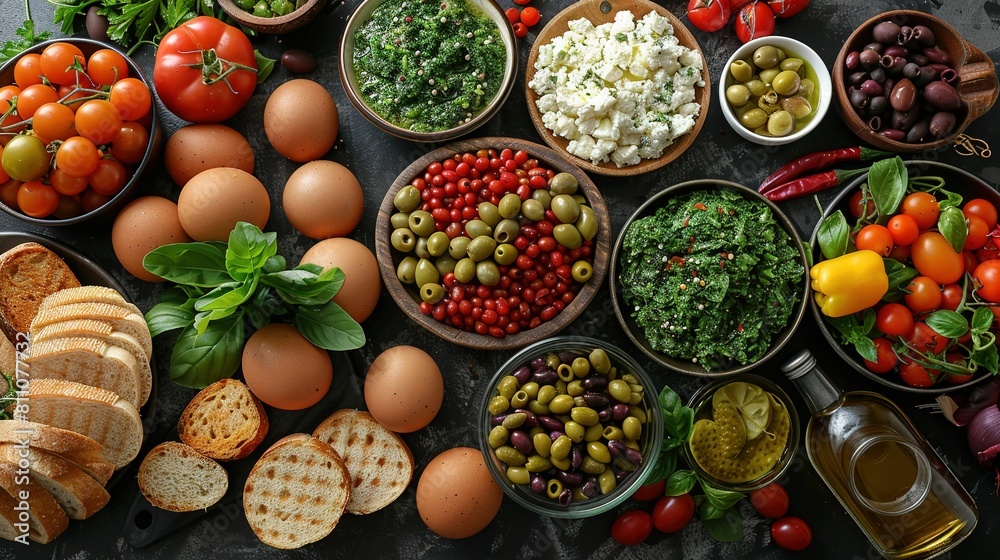   A bowl of various foods sits on top of a table, alongside bread, olives, tomatoes, and other vegetables