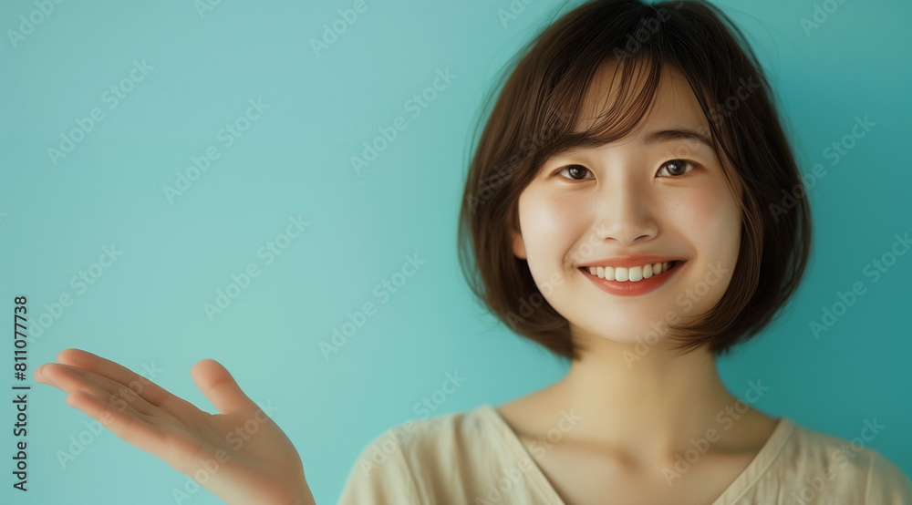Joyful young woman presenting with hand..A delightful portrait of a young woman smiling warmly, hand extended as if presenting something, set against a soft blue backdrop. AI generative.. Joyful young woman presenting with hand..A delightful portrait of a young woman smiling warmly, hand extended as if presenting something, set against a soft blue backdrop. AI generative..