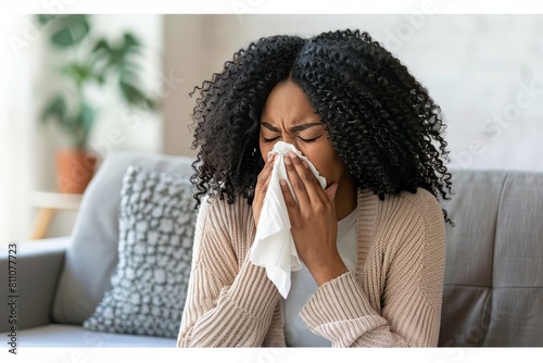 Woman using tissue to manage cold symptoms during the allergy season and battling allergies photo