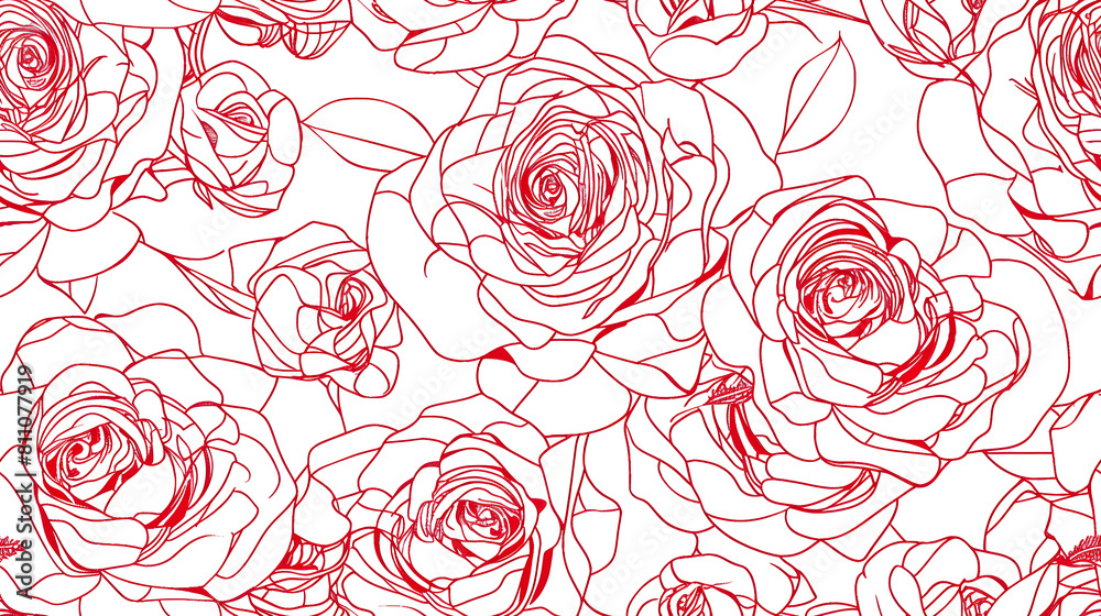 Line art red roses seamless pattern on white background Line art red roses seamless pattern on white background