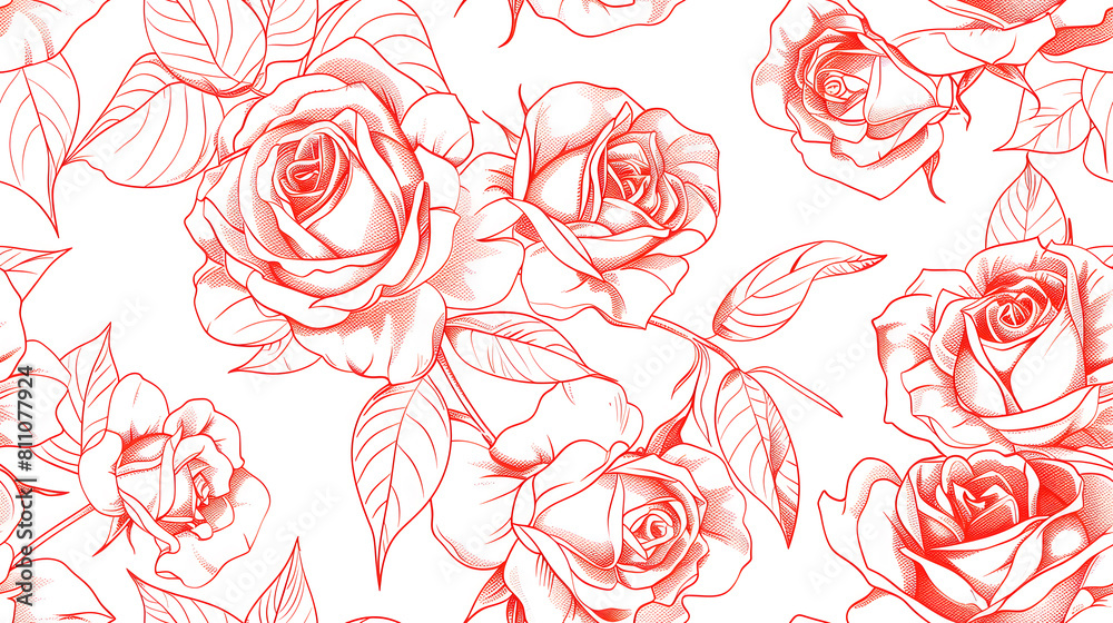 Line art red roses seamless pattern on white background Line art red roses seamless pattern on white background