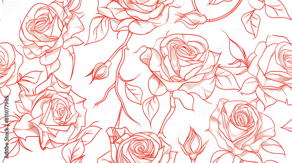 Line art red roses seamless pattern on white background Line art red roses seamless pattern on white background
