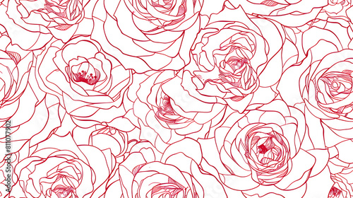 Line art red roses seamless pattern on white background 