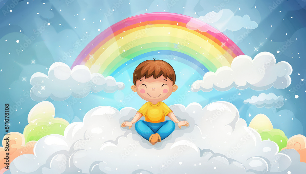 Naklejka premium A boy is sitting on a cloud and smiling by AI generated image