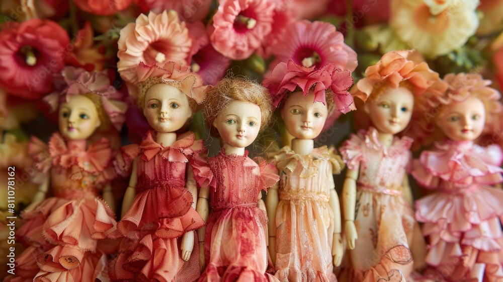 Fototapeta premium Picture of dolls made from hollyhock flowers