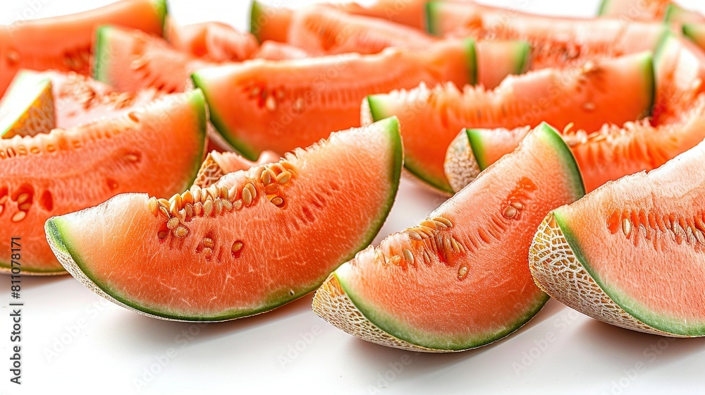 A stack of watermelon slices on a white tabletop A stack of watermelon slices on a white tabletop
