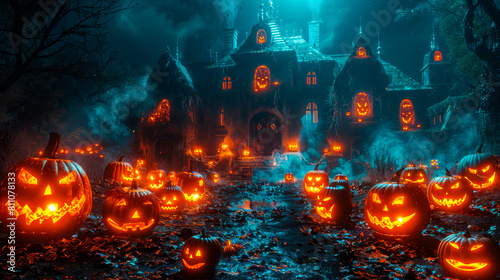 Halloween Festivities Background with Haunted House and Gourds 