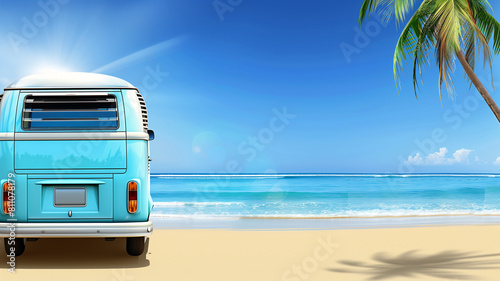 Vintage beach van by tropical ocean..Bright blue retro van parked on a sandy beach with azure sea and palm trees visible, highlighting a serene holiday destination. AI generative.. © kosarit