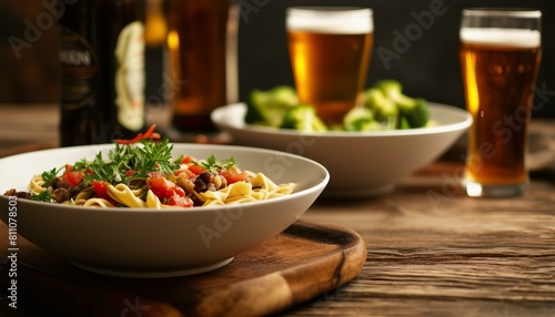 On a wooden dining table, two white bowls hold assorted foods near glass bottles and beer cups. Neatly arranged broccoli enhances the cozy ambiance for social or relaxed home dining.