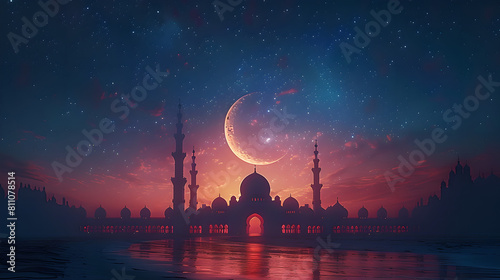 Dramatic Night Sky Over Mosque Silhouetted Against the Moon, Generative AI