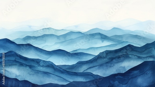 Blue watercolor painting of mountain landscape.