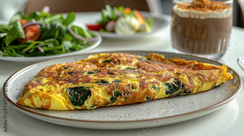 Wallpaper Mural   An omelet sits on a plate beside a salad, while a drink rests on a table with various other dishes Torontodigital.ca
