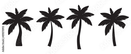 set of Black palm trees isolated on white background. coconut Palm tree silhouettes. Design of palm trees for posters, banners and promotional items.