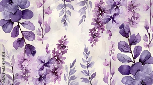 A beautiful floral pattern with purple flowers and green leaves on a white background.