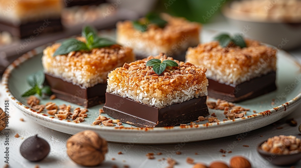   A platter of desserts featuring nuts and chocolate adorns the table alongside other delectable treats and nutty accompaniments