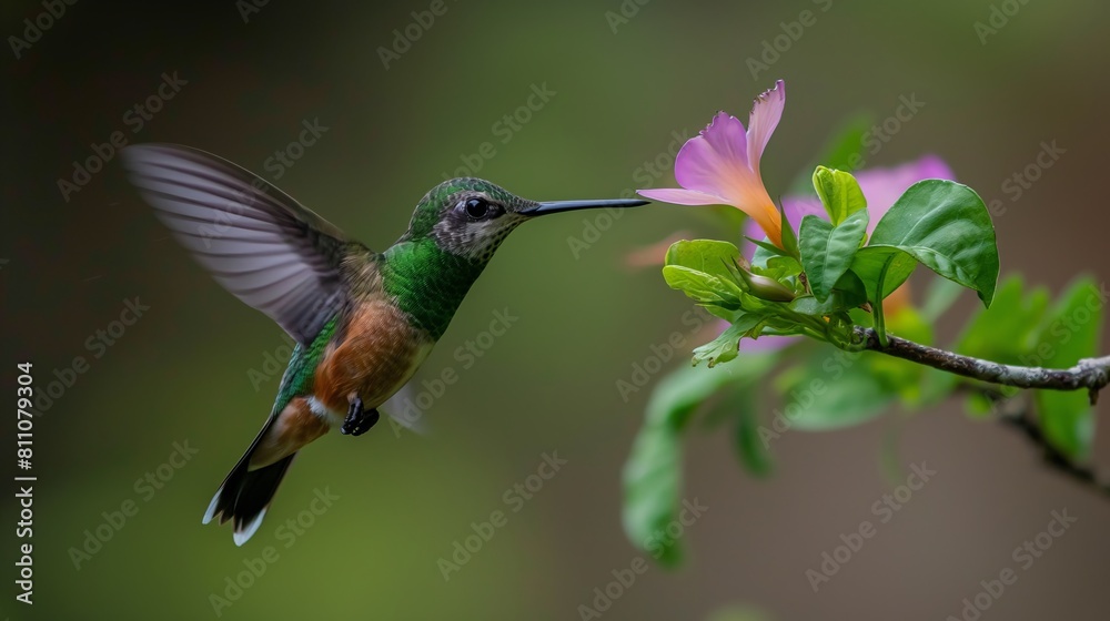 Obraz premium A hummingbird flying through a lush green forest