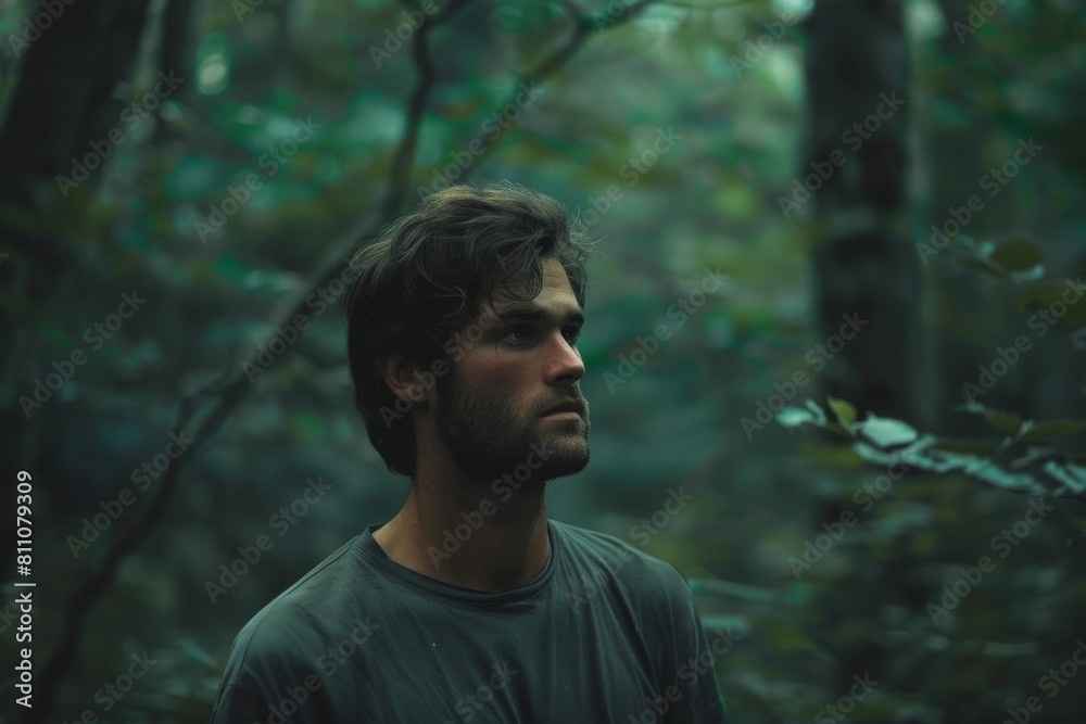 Intense young man with dark hair contemplating in a dark, moody forest, embodying a sense of mystery and introspection.

