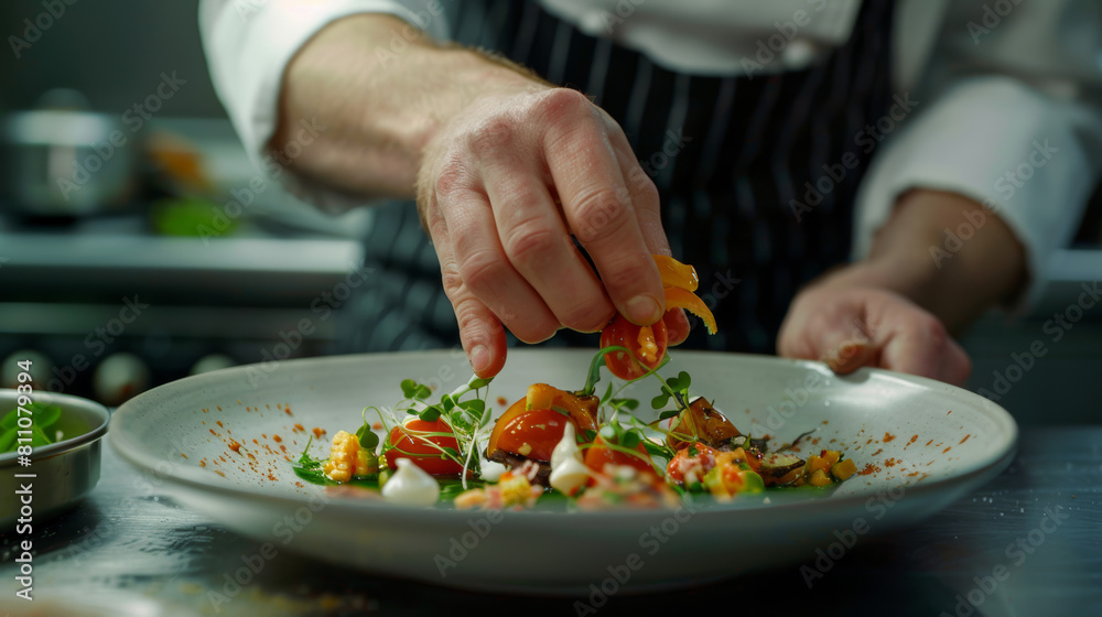 Artistic shot of a chef's hands garnishing a dish, focus on the precision and freshness of ingredients, kitchen background