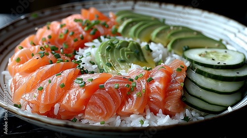  A platter of sushi, featuring cucumber slices, avocado, and rice
