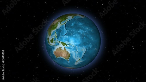 The earth rotates against the background of the starry sky. Animation of the rotation of planet Earth. 3D render.