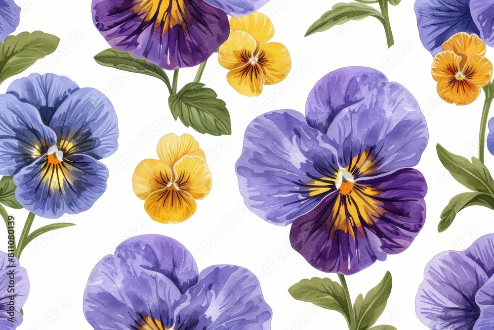 Beautiful Seamless Watercolor Pattern with Purple and Yellow Pansies on White Background