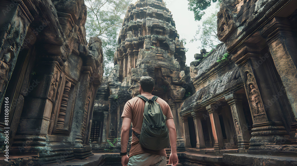 Backpackers explore hidden temples in Southeast Asia Images are generated by AI