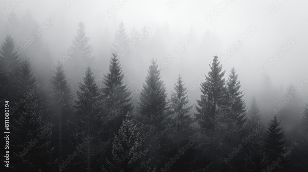 Slightly Foggy Forest Scene with Pine Trees
