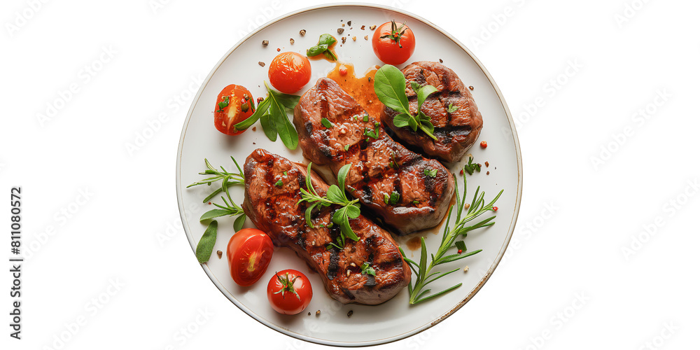 Excellent lamb steak Placed in a plate, view from above, placed on a white background. Image generated by AI