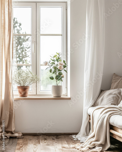 Minimalist interiors in neutral colors with a window illuminating the room. Interior design composition with minimal furniture and decor.