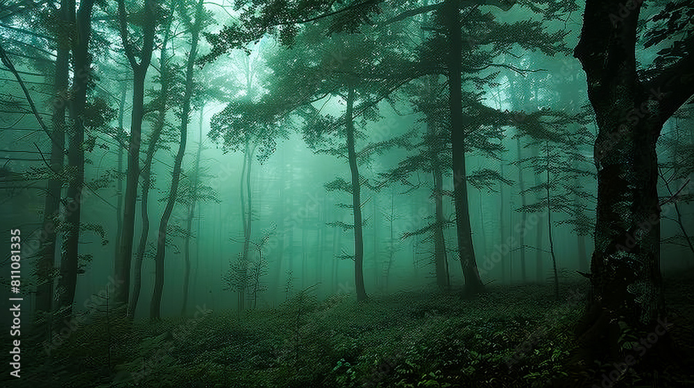 Eerie Dark Forest Covered in Mist
