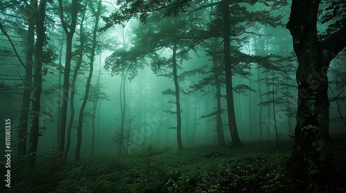 Eerie Dark Forest Covered in Mist 