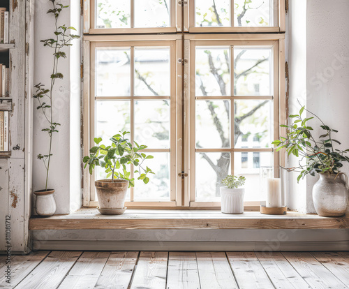 Minimalist interiors in neutral colors with a window illuminating the room. Interior design composition with minimal furniture and decor.