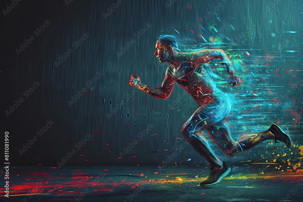 Hologram, athlete and running for wellness, exercise for healthy lifestyle and track heart rate.