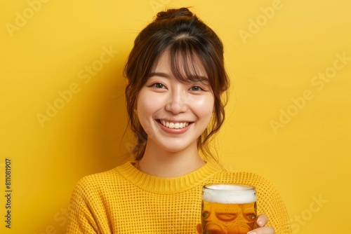 ビールを持つ笑顔の日本人女性（飲み会・女子会・乾杯・お酒・モデル）
